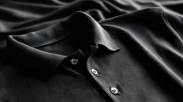 Close up view of  black collared polo shirt with visible texture and buttons