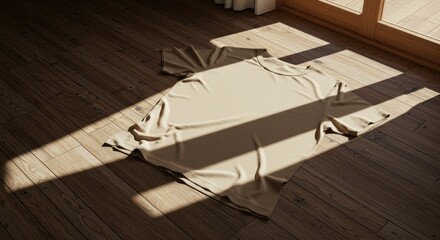Minimalist Beige T-Shirt on Wooden Floor with Sunlight