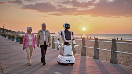 An elderly couple enjoying a walk with a futuristic robot on the beach promenade. A personal assistant robot accompanying an older couple by the sea. 