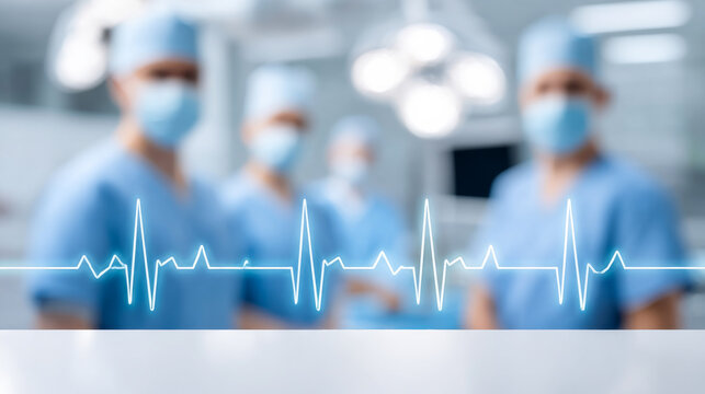 Surgery prep by healthcare pros. Surgeons in blue scrubs and masks stand ready in an operating room with advanced equipment for a procedure.