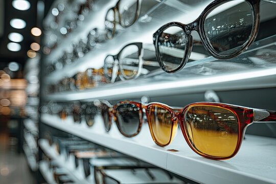 Eyeglasses and sunglasses on store shelves