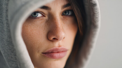 Close-up of a woman wearing a hood. A woman with a hood gazes intensely, showcasing her striking blue eyes and freckles against a neutral background.