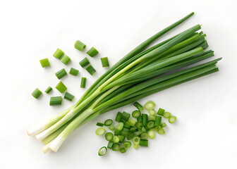 Fresh Green Scallions with Chopped Pieces on White Background