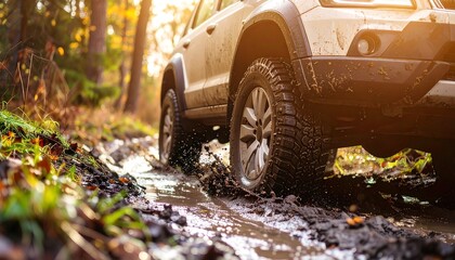 4x4 OffRoading Adventure Powerful SUV splashing through muddy forest trail.