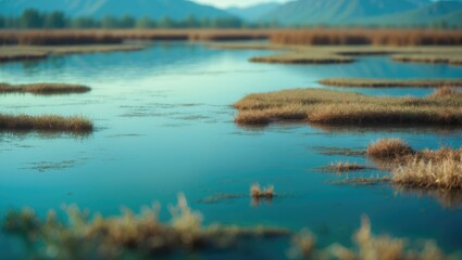 A wetland landscape with water and patches of grass, with mountains in the background. Nature and environmental scene. Outdoor landscape with water and vegetation.