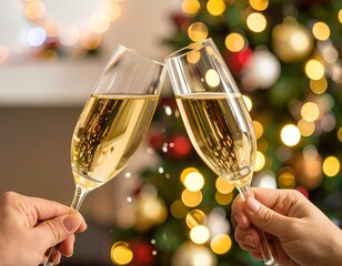 クリスマスシーズンのパーティーでシャンパンの入ったグラスを傾け乾杯している画像