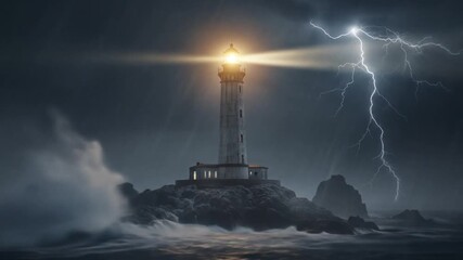 Dramatic lighthouse scene with crashing waves and lightning strikes during storm at sea - Powered by Adobe