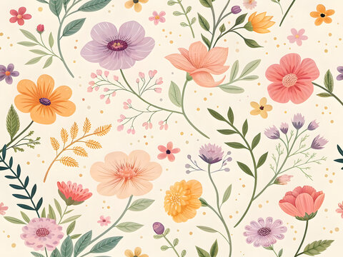 Seamless pattern of colorful watercolor flowers and leaves