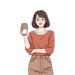 Young woman holds coffee cup while smiling in casual outfit, showcasing a relaxed lifestyle and enjoyment of daily moments 