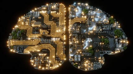 Futuristic Concept of Artificial Intelligence Depicted as a Circuit Board Brain with Glowing Lines and Technology Elements