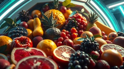 Epic scene of delicious fruits in a modern future setting, electric vivid colors, massive scale, lens glow lighting and heroic elements