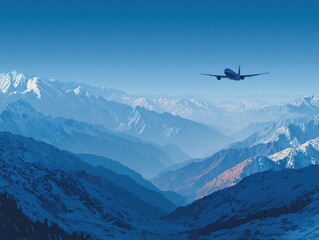 Airplane flying over snowy mountain range with blue sky and layered distant peaks