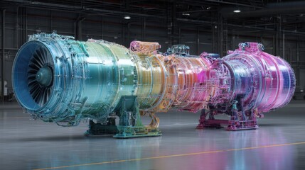 Colorful Transparent 3D Model of a Modern Jet Engine in a Hangar Environment