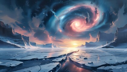 Surreal cosmic landscape with a vibrant swirling nebula above a frozen cracked icy terrain reflecting the celestial light and a distant glowing sun