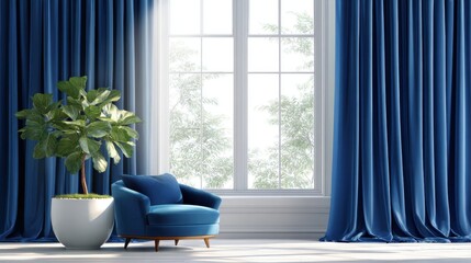 Fototapeta premium Modern interior design featuring blue curtains, stylish armchair, and indoor plant in a bright and airy room with natural light