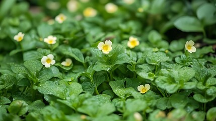 Delicate yellow wildflowers bloom amongst lush green foliage