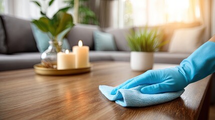House Cleaning Service In Modern Living Room With Light Wood Table