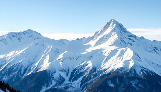 Majestic snow-capped mountain peaks in a peaceful winter panorama.