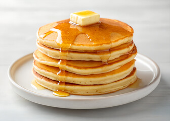 Stack of golden pancakes topped with butter and syrup on a white plate
