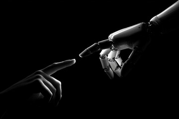 Human And Robotic Hands Touching In Black And White