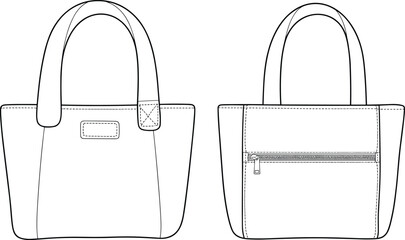 Flat vector CAD sketch of small tote handbag with wide straps, back zipper pocket, front patch detail, simple structured shape © Biplob Creatives
