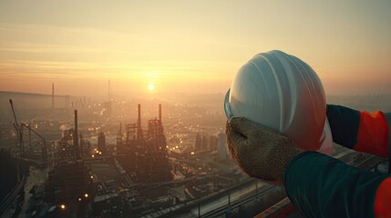 Industrial Cityscape At Sunrise With Worker In Safety Gear