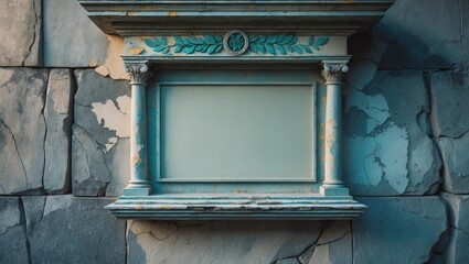 A stone wall with a decorative, weathered wall-mounted bulletin board or display case.