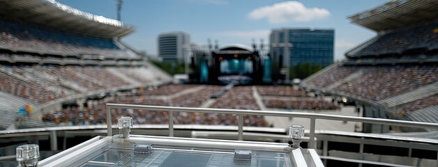 Huge crowd enjoying a live concert at a modern stadium in bright daylight with a clear blue sky and large electronic stage setup