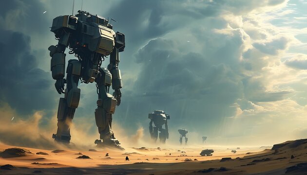 Towering robotic sentinel stands guard over a desolate alien landscape with distant futuristic structures under a dramatic cloudy sky evoking a sense of awe and mystery