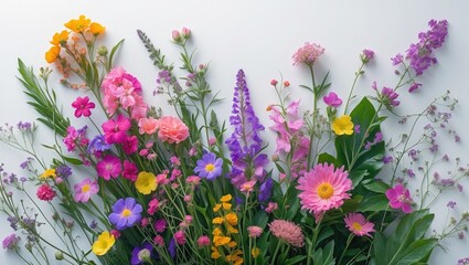 Colorful flowers arranged together with pink, purple, yellow, and orange blooms on a white background.