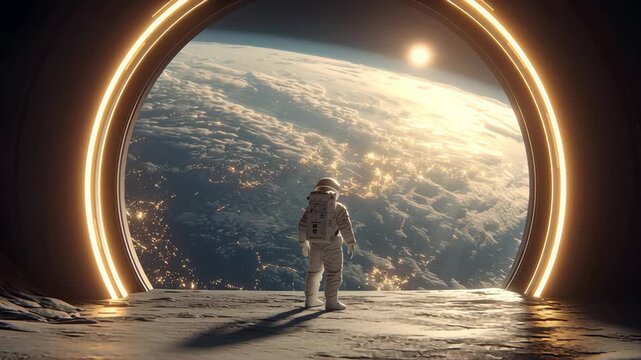 A close-up of an astronaut standing at a large, glowing circular window, looking at Earth from space. The detailed view of the planet and the glowing frame create a striking visual. 3D Illustration