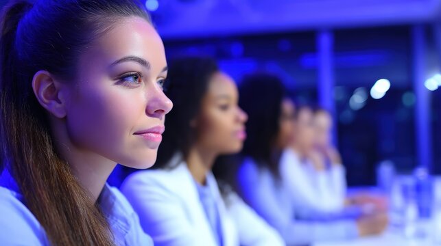Professional group of diverse women working with digital tablet and laptop in modern office Environment at night
