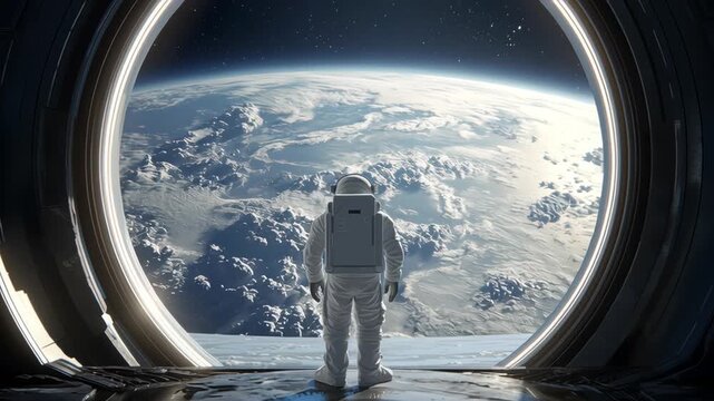A close-up of an astronaut standing at a large, glowing circular window, looking at Earth from space. The detailed view of the planet and the glowing frame create a striking visual. 3D Illustration