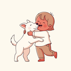 Child joyfully embracing a white dog in a playful moment of friendship and love