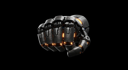 Metallic robot fist with glowing orange lights on black background. Futuristic robotic arm in power pose. Modern technology and artificial intelligence concept.
