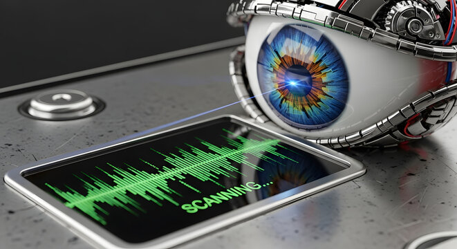 Cybernetic eye scanning audio waves on a futuristic device - Powered by Adobe