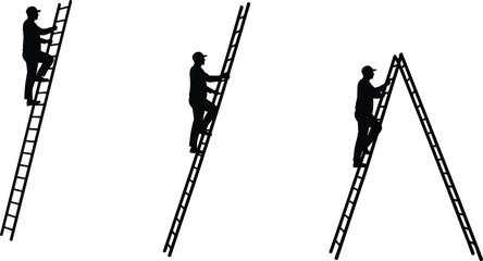 Silhouette of man climbing ladder in different positions, ladder safety, work at height, construction, maintenance, black vector illustration. © Creatives Sakib