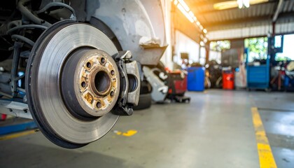 Fototapeta premium Car brake repair service at auto shop for safety and maintenance needs