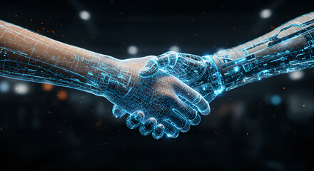Human hand and cyborg hand shaking. Digital transformation concept. Global business technology integration. Collaboration between humanity and artificial intelligence.
