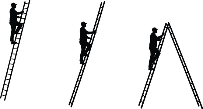Silhouette of man climbing ladder in different positions, ladder safety, work at height, construction, maintenance, black vector illustration.