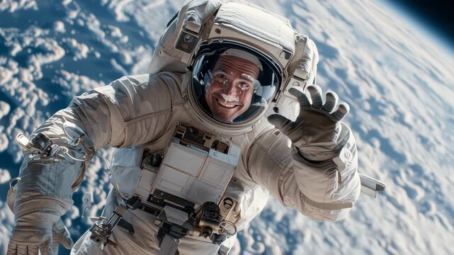 Portrait of an Astronaut Floating Outside a Spaceship with Planet Earth in the Background. Male Waving to the Camera. Professional Spaceman Posing in His Space Suit, Smiling