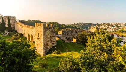 Ancient stone walls and bridge, sunrise view