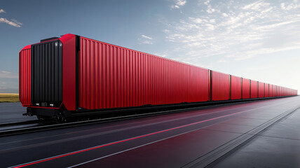 Modern cargo train, innovative red container, streamlined design, transportation, outdoor