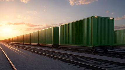 Fototapeta premium Green cargo train container, railway, sunset, transportation, innovative, industrial, outdoor