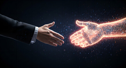 Man extending hand to digital glowing hand. AI partnership and innovation concept. Future data collaboration for technology.