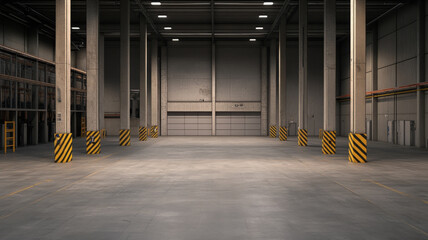 Warehouse interior with reinforced steel columns, concrete floor, industrial lighting