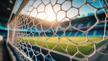 Fototapeta premium Close-up of a soccer net with a stadium and sunset in the background. Sports and recreation, stadium, outdoor. The concept of soccer, sports, and recreation.