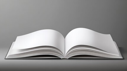 Open blank book with blank pages lying flat against a plain gray background for reading or writing concept