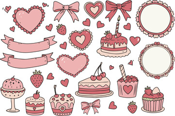 Cute Coquette Elements with Hearts, Bows, and Ribbons in Cartoon Doodle Style