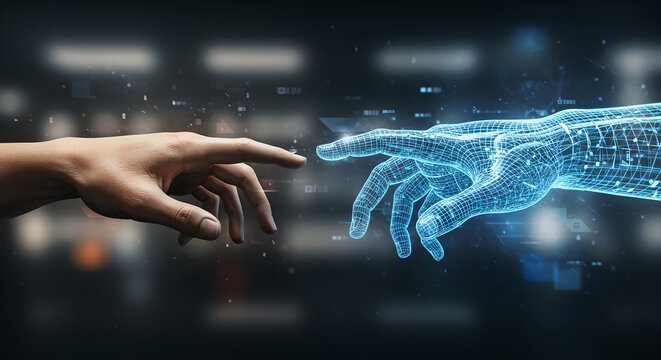 Human hand touching digital AI hand. Connection between human neural network and artificial intelligence cyber brain. Future technology.